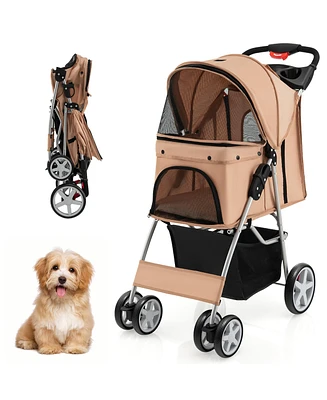 Gymax Folding Pet Stroller 4-Wheel Pet Travel Carrier w/Storage Basket