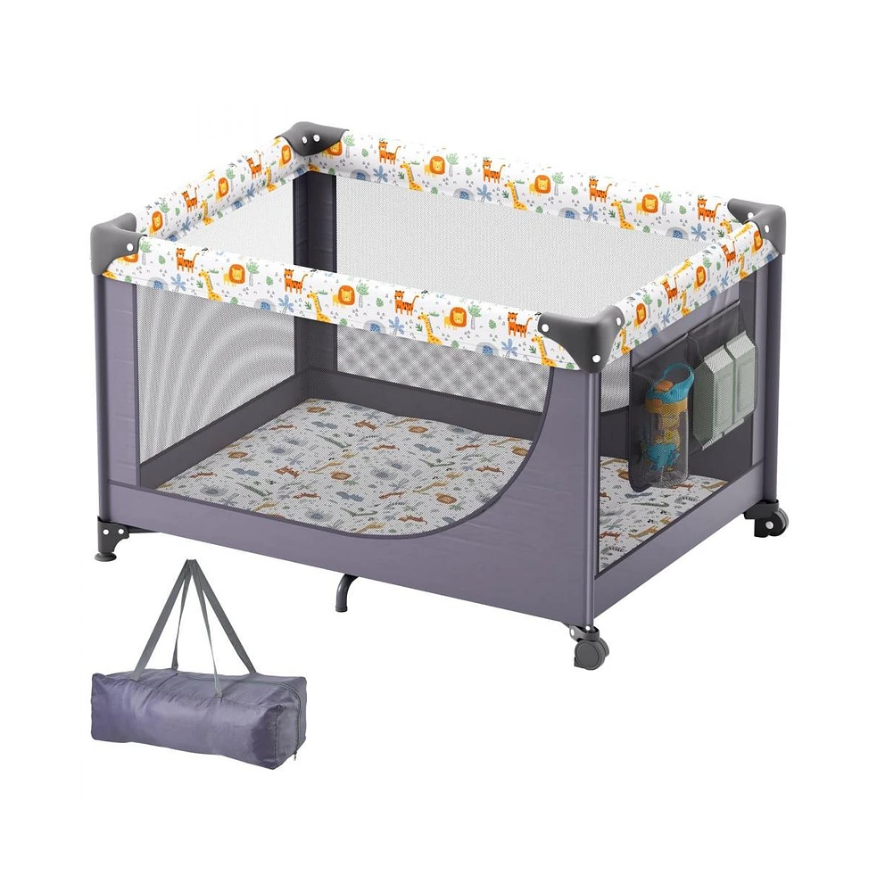 Slickblue Toddler Playpen Quick-Folding Portable Fence Play Yard & Wheels
