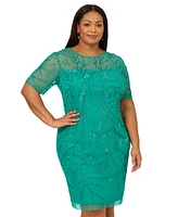 Adrianna Papell Plus Beaded Mesh Sheath Dress