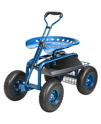 Slickblue Garden Scooter Cart with Wheels Swivel Seat Tool Tray and Handle for Outdoor Tasks