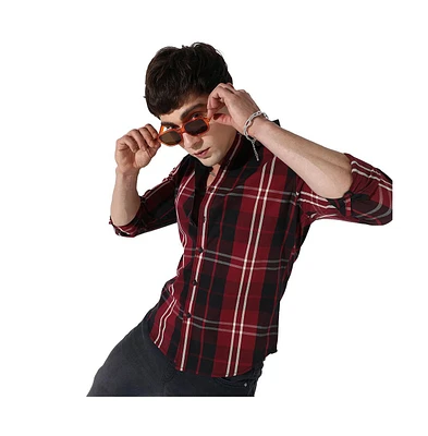 Campus Sutra Men's Plaid Red Cotton Shirt