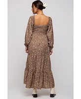 Pinkblush Mocha Floral Smocked Long Sleeve Maternity Maxi Dress
