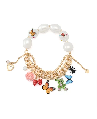 Betsey Johnson Faux Stone Backyard Butterfly Mixed Charm Pearl Stretch Bracelet