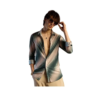 Campus Sutra Men's Emerald Green & Ivory White Ombre-Pleated Shirt