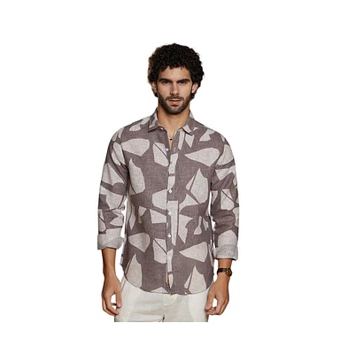 Campus Sutra Men's Ash Brown Abstract Heathered Shirt