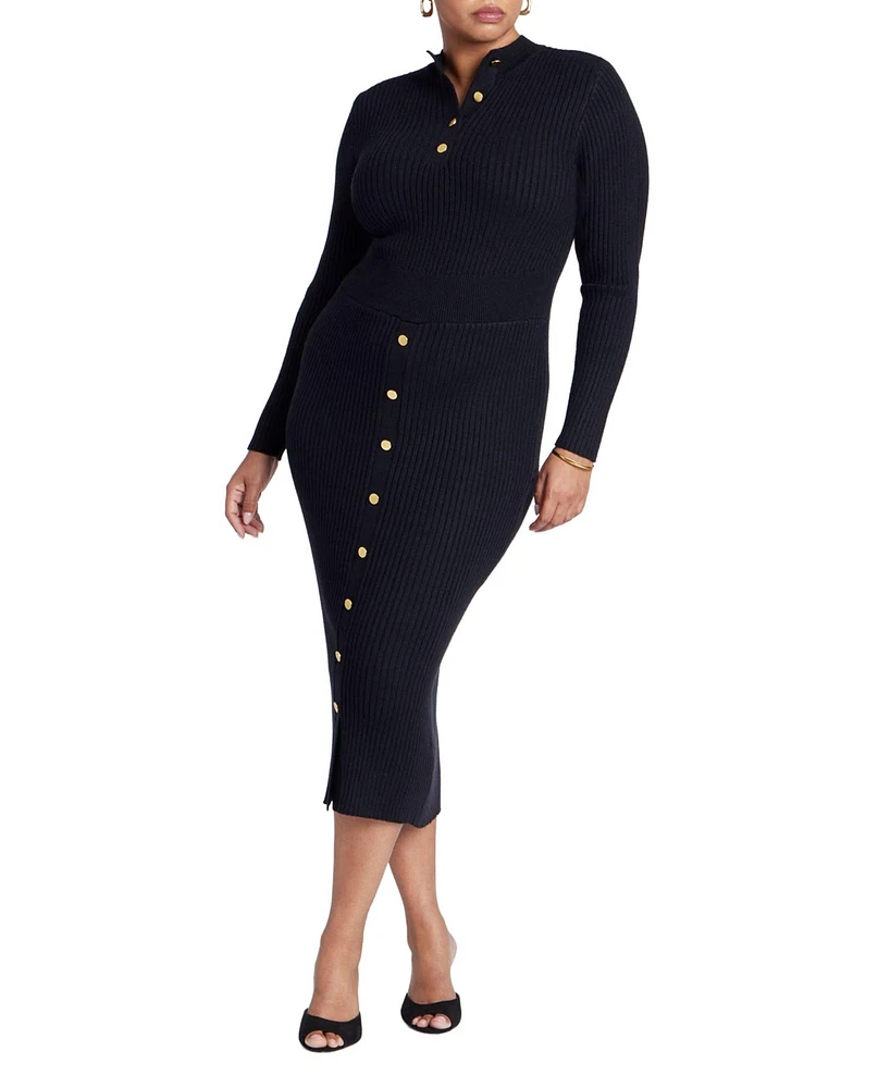 Eloquii Women's Mock Neck Rib Button Dress