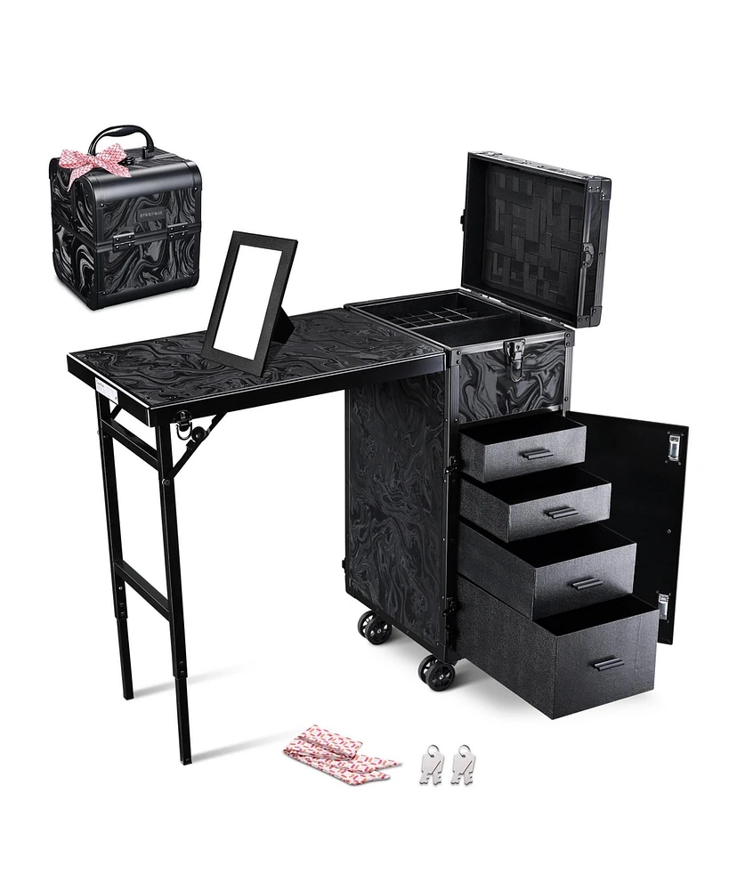 Byootique Rolling Nail Table & Makeup Case Kit Cosmetic Organizer Aluminum Black