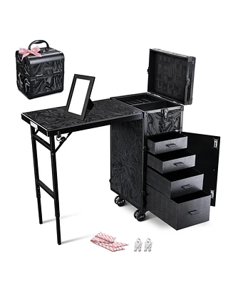 Byootique Rolling Nail Table & Makeup Case Kit Cosmetic Organizer Aluminum Black