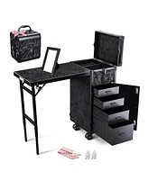 Byootique Rolling Nail Table & Makeup Case Kit Cosmetic Organizer Aluminum Black