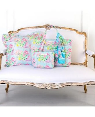 Evelyn Kate Pink Peony Floral Collection Artist Designed Quilted Tote Bag Coordinating Silk Scarf Wrap Sarong Quilted Pouch Fabric Loop Keychain Accessories