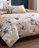 Bebejan Blue Blossom Bedding 200 Thread Count 100% Cotton Sateen 5 Piece Queen Size Reversible Comforter Set