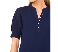 CeCe Women's Cotton Puffed-Sleeve Mixed-Media Top