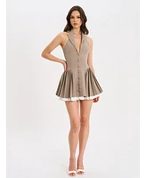 Miss Circle Women's Hazel Brown Preppy Halter Neck Pleated Mini Dress