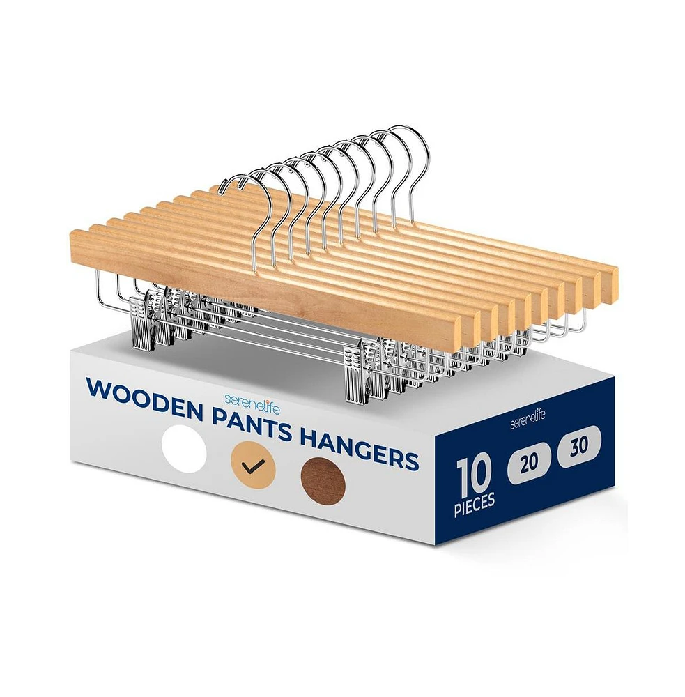 SereneLifen 10 Pcs. Premium Wooden Pants Hangers - Heavy Duty Hanger Set with Chrome 360° Swivel Hook (Natural