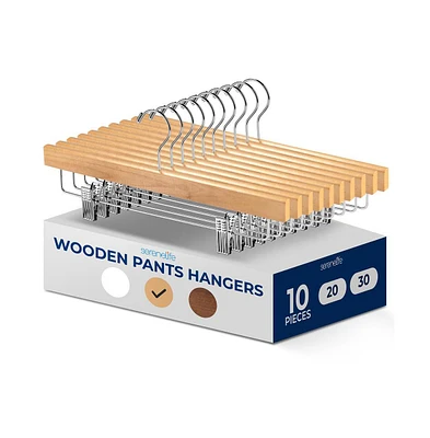 SereneLifen 10 Pcs. Premium Wooden Pants Hangers - Heavy Duty Hanger Set with Chrome 360° Swivel Hook (Natural