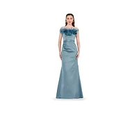 Amri Women's Organza Floral Detail Pleated Satin Gown