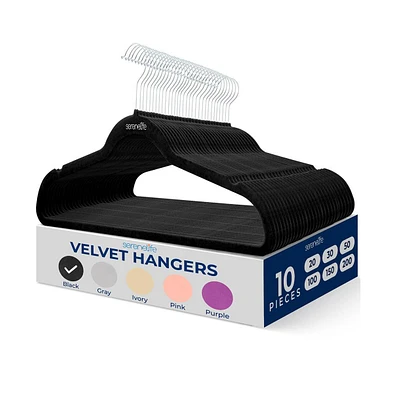 SereneLife 10 Pcs. Velvet Hangers - Non-Slip, Sturdy, and Heavy Duty Coat Set with 360° Swivel Hook for Clothes (Black)