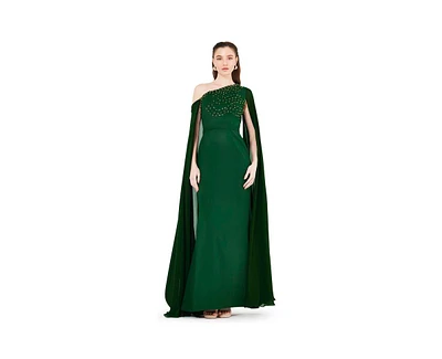 Amri Women's Asymmetric Hand Embellished Cape Sleeve Gown