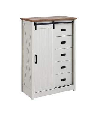 Casainc Farmhouse Modern Bathroom Cabinet 5 Chest of Drawers with Sliding Barn Door