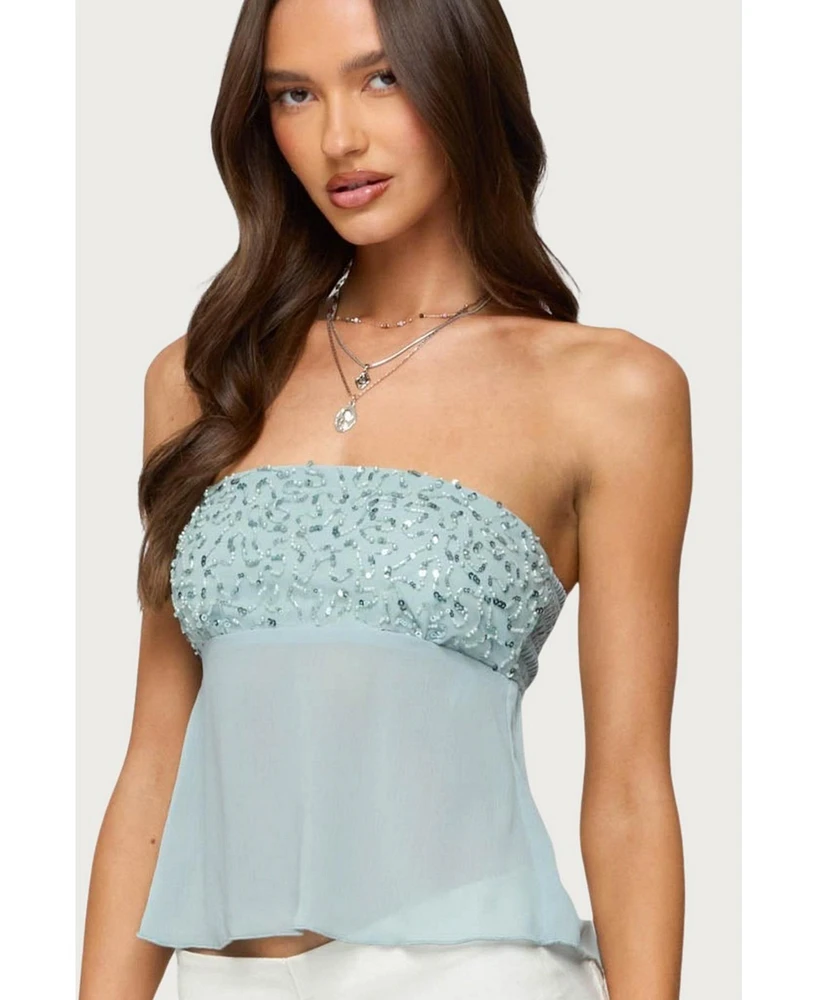 Edikted Women's Beadie Sheer Chiffon Strapless Top