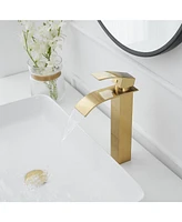 Greenspring Waterfall Single Hole Single Handle Modern Bathroom Vessel Sink Faucet With Metal Drain in Brushed Gold
