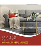 Kings Brand Furniture Side End Table with Faux Marble Storage Shelves & Gold Metal Frame, Nightstand for Bedroom, Living Room, or Modern Accent