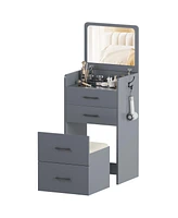 Vlsrka 3-in-1 Vanity Desk with Flip-Top Mirror, Glass Top, 3 Drawers, and Stool