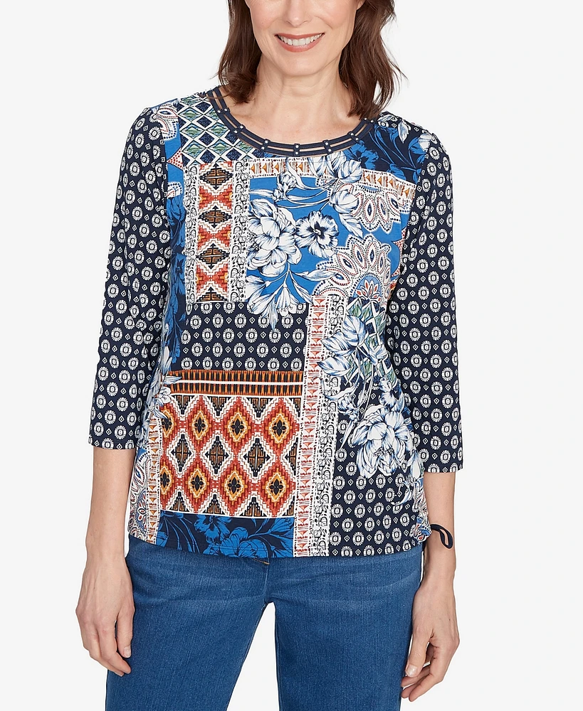 Alfred Dunner Women's Batik Patchwork Drawstring Crew Neck Top