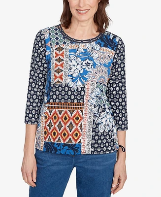 Alfred Dunner Women's Batik Patchwork Drawstring Crew Neck Top