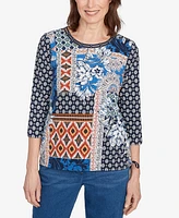 Alfred Dunner Women's Batik Patchwork Drawstring Crew Neck Top