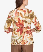 Alfred Dunner Women's Leaf Pleated Floral Crew Neck Top