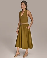 Donna Karan New York Women's Mixed-Media Belted Halter Dress