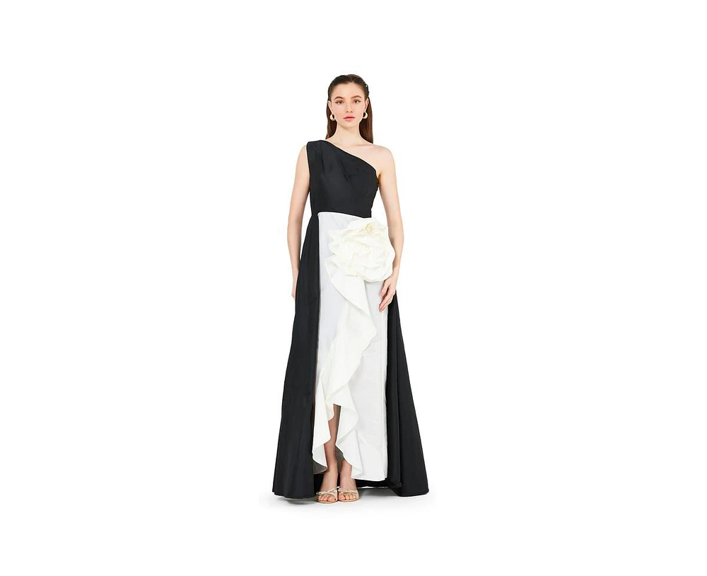 Amri Women's One Shoulder Dress With Cascading Ruffle Flower Detail