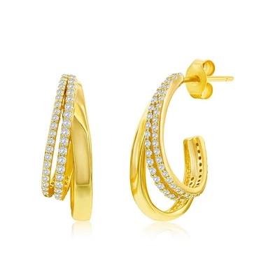 Simona Sterling Silver, Triple Row Cz & Polished Half Hoop Earrings