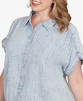 Ruby Rd. Plus Snow Washed Crochet Hem Collared Shirt