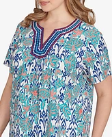 Ruby Rd. Plus Floral Overlay Ikat Embroidered Top