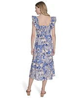 Vince Camuto Women's Printed Square-Neck Ruffle-Strap Dress