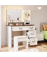 Vlsrka Vanity desk for bedroom with lights, drawers, shelves, stool, and mirror.