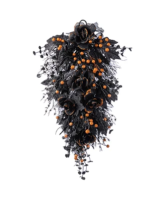 Glitzhome 28" Halloween Black Rose and Berry Swag Metal Wreath Hanger