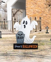 Glitzhome 32.25" Lighted Halloween Metal Ghost Tombstone Yard Stake with Timer