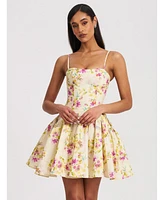 Miss Circle Women's Valda Yellow and Pink Print Linen Mini Dress with Pockets
