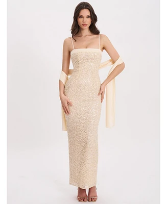 Miss Circle Women's Raizel Gold Beaded Sequin Bodycon Gown with Scarf