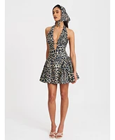 Miss Circle Women's Mackenzie Cheetah Print Halter Linen Mini Dress