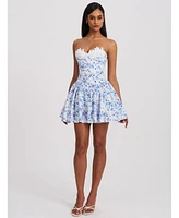 Miss Circle Women's Taleah Blue Floral Print Linen Mini Dress with Lace Trim