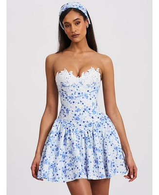 Miss Circle Women's Taleah Blue Floral Print Linen Mini Dress with Lace Trim