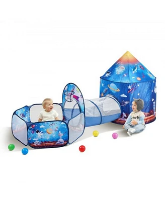 3 in 1 Kids Play Tent with Tunnel Indoor Outdoor Pop Up Playhouse Rocket Theme