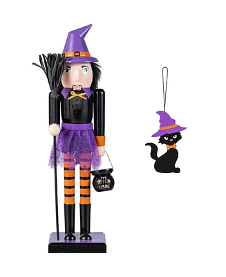 Glitzhome Halloween Wooden Witch Nutcracker with Witch Cat Ornament, Set of 2