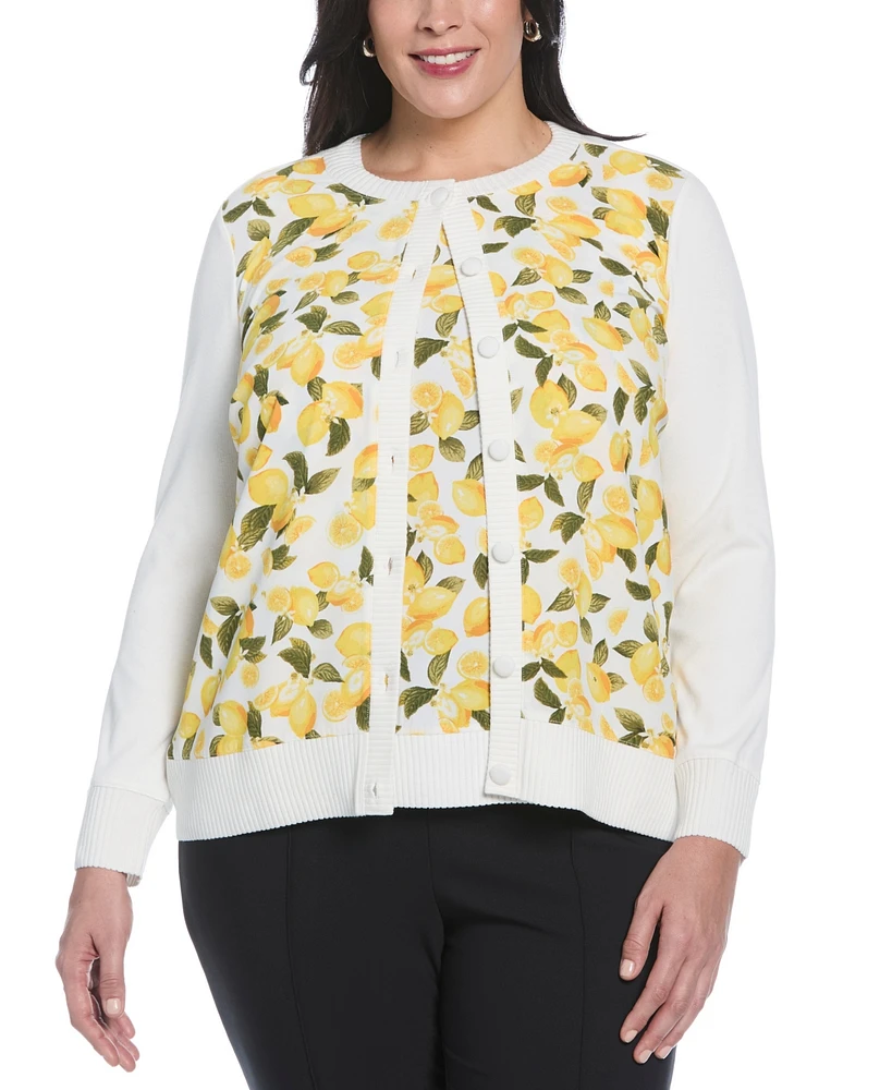 Rafaella Plus Lemon Print Woven Front Long Sleeve Cardigan Sweater