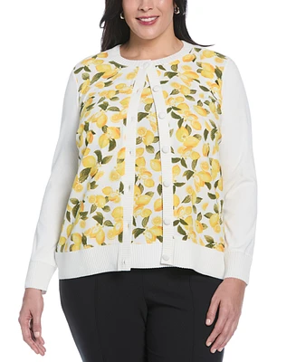 Rafaella Plus Lemon Print Woven Front Long Sleeve Cardigan Sweater
