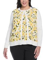 Rafaella Plus Lemon Print Woven Front Long Sleeve Cardigan Sweater